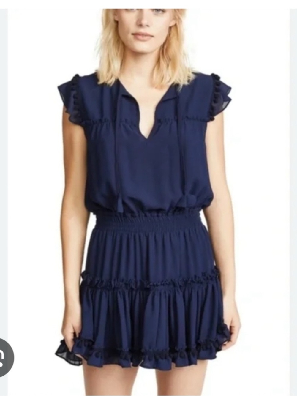 Misa Los Angeles Navy Ruffle Short Dress